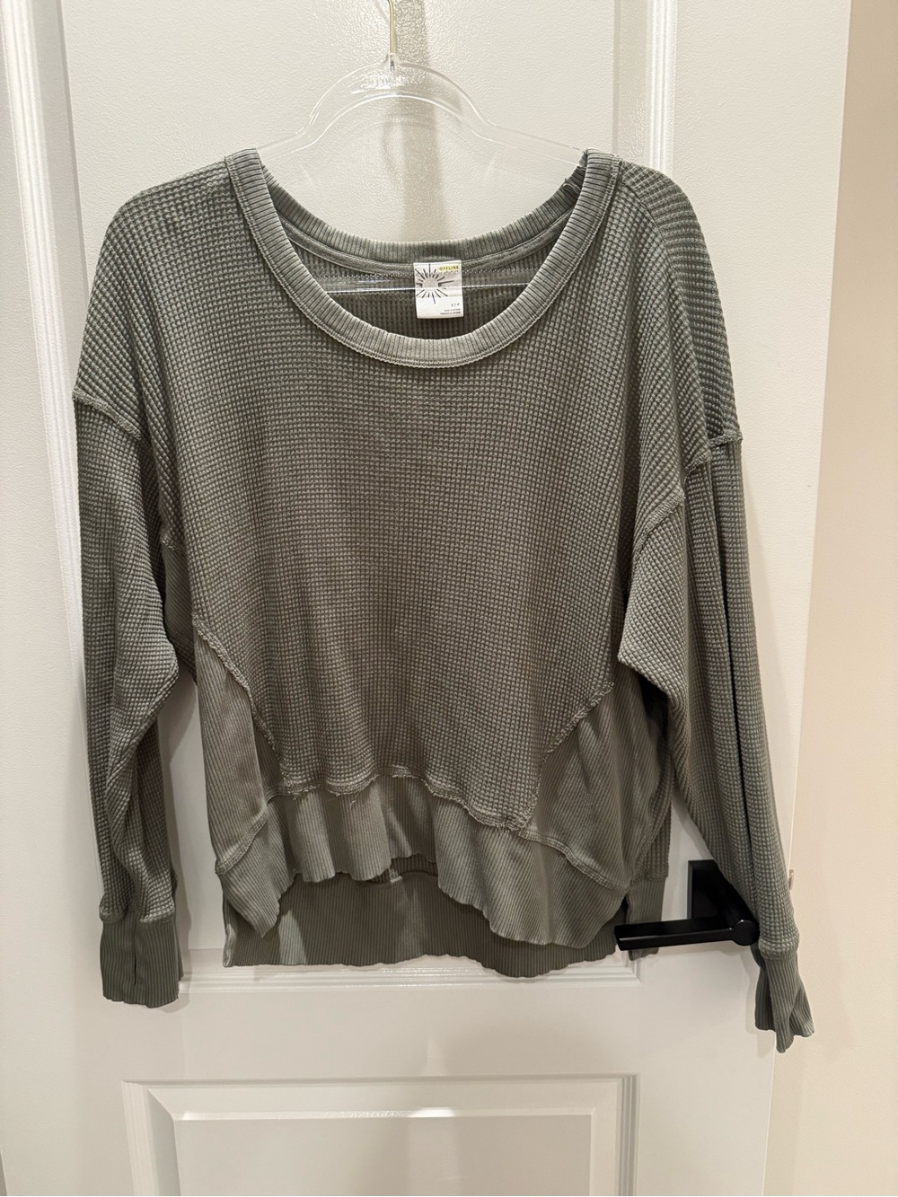 aerie Washed Olive Waffle Long-Sleeve Boxy Top